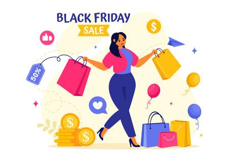Black Friday Sale Event Vector Illustration with Shopping Paper Bags and Big Promotion Discount Purchases Goods for Promotions in a Flat Backgroundのイラスト素材