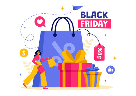 Black Friday Sale Event Vector Illustration with Shopping Paper Bags and Big Promotion Discount Purchases Goods for Promotions in a Flat Backgroundのイラスト素材