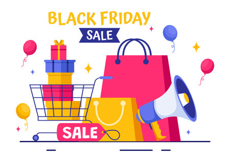 Black Friday Sale Event Vector Illustration with Shopping Paper Bags and Big Promotion Discount Purchases Goods for Promotions in a Flat Backgroundのイラスト素材