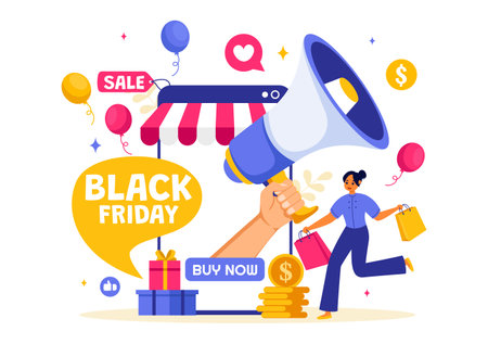 Black Friday Sale Event Vector Illustration with Shopping Paper Bags and Big Promotion Discount Purchases Goods for Promotions in a Flat Backgroundのイラスト素材