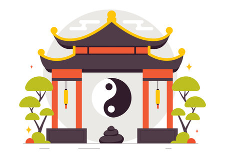 Feng Shui Oriental Philosophy Vector Illustration Featuring Stones and Plants for the Positive Energy of the Five Elements and the Balance of Yin Yangのイラスト素材
