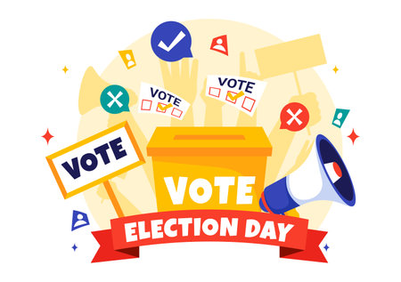 Election Day Political Vector Illustration featuring Voters Casting Ballots at a Polling Station...