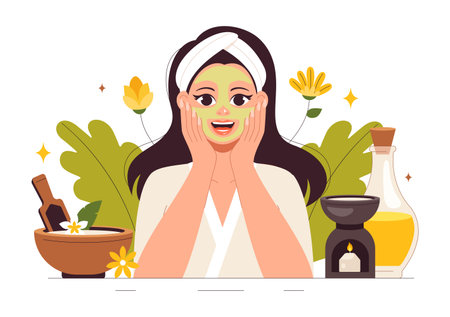 Illustration of Spa Beauty and Health featuring Natural Cosmetics and Eco Friendly Products for Problematic Skin or Facial Treatments in a Womenのイラスト素材