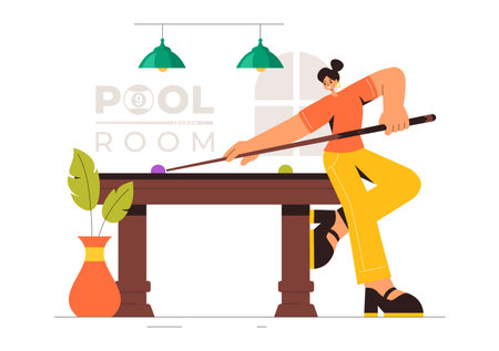 Billiards Game Vector Illustration featuring a Player in a Pool Room Holding a Cue Stick, with a Billiard Table and Balls in a Sports Clubのイラスト素材