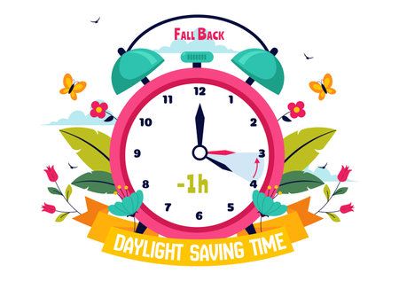 Daylight Saving Time Vector Illustration with Alarm Clock and Calendar Transitioning from Summer to Fall in a Flat Style Cartoon Background Designのイラスト素材