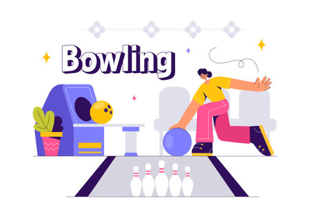 Vector illustration of a Bowling Game with People Throwing Balls, Featuring Pins, Ball, and Scoreboards in a Sport Club and Fun of a Bowling Matchのイラスト素材