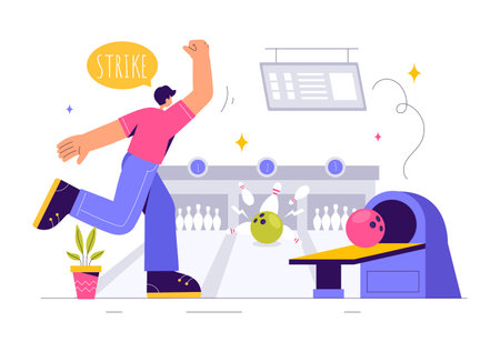 Vector illustration of a Bowling Game with People Throwing Balls, Featuring Pins, Ball, and Scoreboards in a Sport Club and Fun of a Bowling Matchのイラスト素材