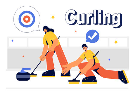 Curling Sport Vector Illustration featuring a Team Playing the Game with Rocks and Brooms on a...