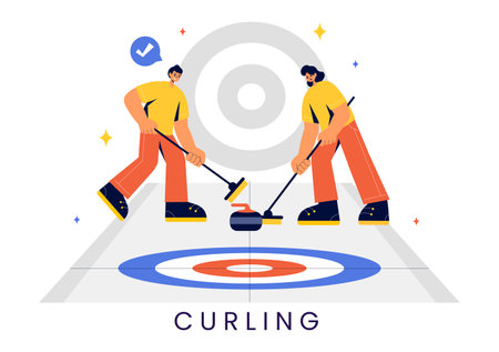 Curling Sport Vector Illustration featuring a Team Playing the Game with Rocks and Brooms on a Rectangular Ice Rink in a Championship in a Backgroundのイラスト素材