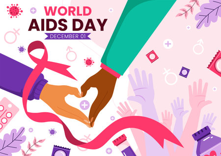 World AIDS Day Vector Illustration on 1 December featuring a Red Ribbon Symbol to Raise Awareness of the AIDS Epidemic in a Flat Style Backgroundのイラスト素材