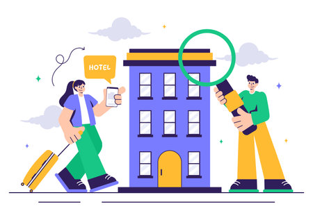 Hotel Reviews Vector Illustration featuring Rating Services, User Satisfaction, and Customer Experiences in a Flat Style Cartoon Backgroundのイラスト素材