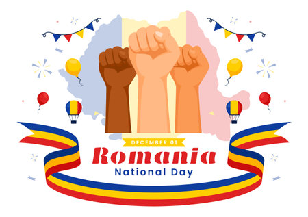 Romania National Day Illustration featuring the Romanian Flag Waving in Celebration of the Great Union Memorial Holiday, with a Festive Backgroundのイラスト素材