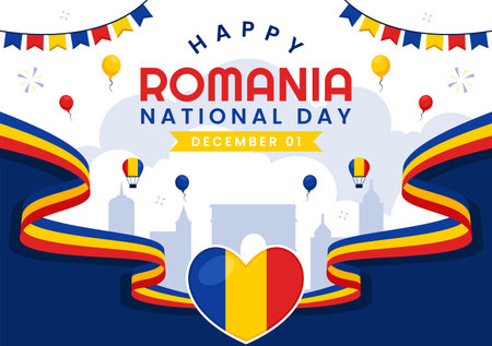 Romania National Day Illustration featuring the Romanian Flag Waving in Celebration of the Great Union Memorial Holiday, with a Festive Backgroundのイラスト素材
