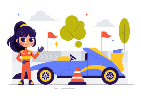 Vector Illustration of Formula Racing Sports Car Reaching the Finish Line on Race Circuit Competing to Win the Championship in a Flat Backgroundのイラスト素材