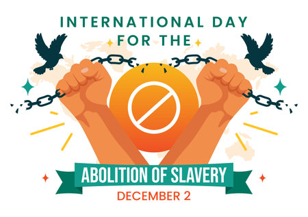 International Day for the Abolition of Slavery Vector Illustration on December 2, Featuring Symbols of Handcuffs, Chains, Pigeons in a Backgroundのイラスト素材