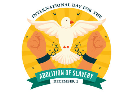 International Day for the Abolition of Slavery Vector Illustration on December 2, Featuring Symbols of Handcuffs, Chains, Pigeons in a Backgroundのイラスト素材