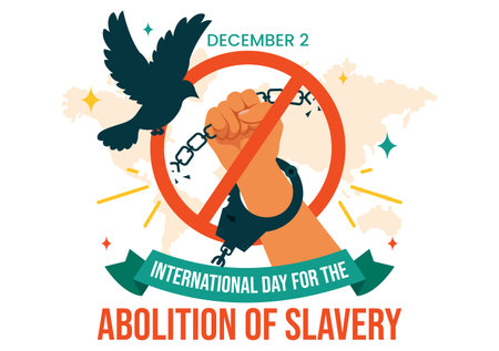 International Day for the Abolition of Slavery Vector Illustration on December 2, Featuring Symbols of Handcuffs, Chains, Pigeons in a Backgroundのイラスト素材
