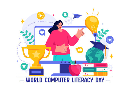 World Computer Literacy Day Vector Illustration on December 2, Featuring Books and Media Equipment to Promote Education in a Flat Style Backgroundのイラスト素材