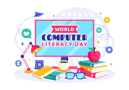 World Computer Literacy Day Vector Illustration on December 2, Featuring Books and Media Equipment to Promote Education in a Flat Style Backgroundのイラスト素材
