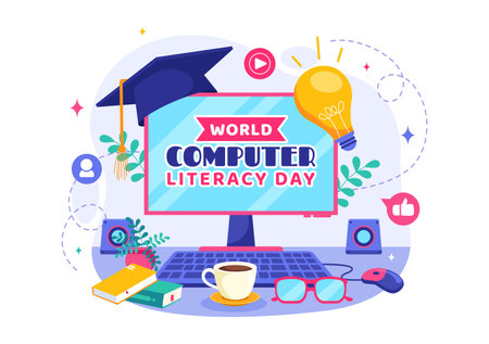 World Computer Literacy Day Vector Illustration on December 2, Featuring Books and Media Equipment to Promote Education in a Flat Style Backgroundのイラスト素材