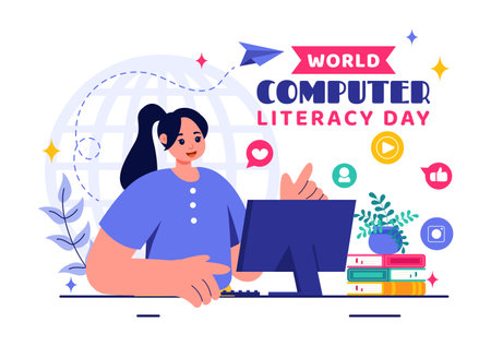 World Computer Literacy Day Vector Illustration on December 2, Featuring Books and Media Equipment to Promote Education in a Flat Style Backgroundのイラスト素材