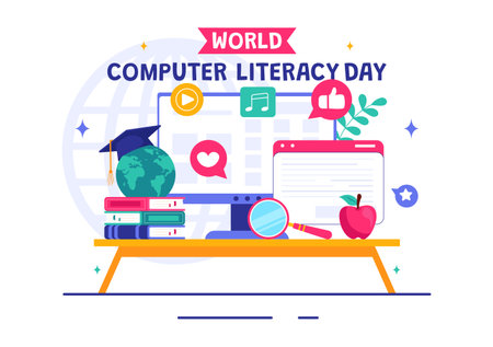 World Computer Literacy Day Vector Illustration on December 2, Featuring Books and Media Equipment to Promote Education in a Flat Style Backgroundのイラスト素材