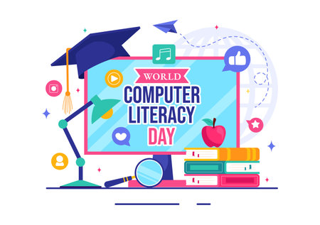 World Computer Literacy Day Vector Illustration on December 2, Featuring Books and Media Equipment to Promote Education in a Flat Style Backgroundのイラスト素材