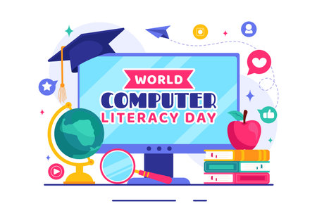 World Computer Literacy Day Vector Illustration on December 2, Featuring Books and Media Equipment to Promote Education in a Flat Style Backgroundのイラスト素材