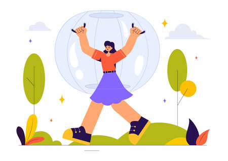 Zorbing Vector Illustration featuring People Enjoying Bubble Bump Games on a Green Field in a Fun and Playful Flat Cartoon Style backgroundのイラスト素材