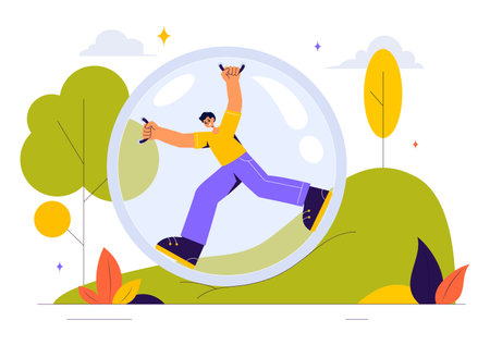 Zorbing Vector Illustration featuring People Enjoying Bubble Bump Games on a Green Field in a Fun and Playful Flat Cartoon Style backgroundのイラスト素材