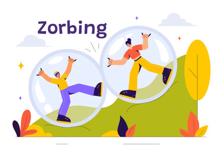 Zorbing Vector Illustration featuring People Enjoying Bubble Bump Games on a Green Field in a Fun and Playful Flat Cartoon Style backgroundのイラスト素材