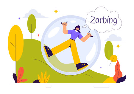 Zorbing Vector Illustration featuring People Enjoying Bubble Bump Games on a Green Field in a Fun and Playful Flat Cartoon Style backgroundのイラスト素材