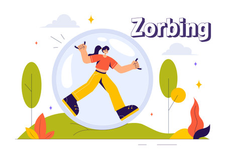 Zorbing Vector Illustration featuring People Enjoying Bubble Bump Games on a Green Field in a Fun and Playful Flat Cartoon Style backgroundのイラスト素材