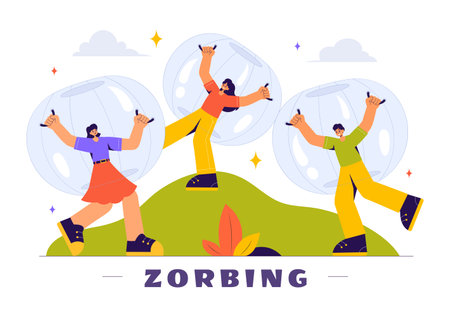 Zorbing Vector Illustration featuring People Enjoying Bubble Bump Games on a Green Field in a Fun and Playful Flat Cartoon Style backgroundのイラスト素材
