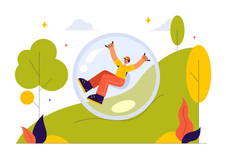 Zorbing Vector Illustration featuring People Enjoying Bubble Bump Games on a Green Field in a Fun and Playful Flat Cartoon Style backgroundのイラスト素材