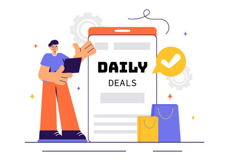 Daily Deals Vector Illustration Showcasing Various Shopping Items with Increasing Discounts to Ideal for Promotions, Sales, and E-Commerce Backgroundのイラスト素材