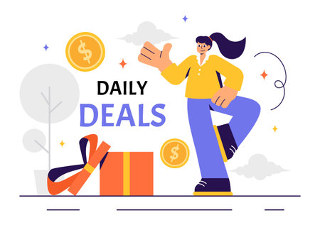 Daily Deals Vector Illustration Showcasing Various Shopping Items with Increasing Discounts to Ideal for Promotions, Sales, and E-Commerce Backgroundのイラスト素材