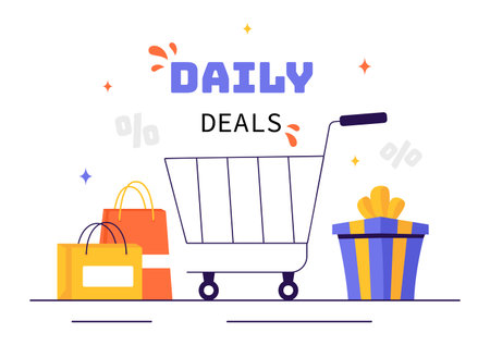 Daily Deals Vector Illustration Showcasing Various Shopping Items with Increasing Discounts to Ideal for Promotions, Sales, and E-Commerce Backgroundのイラスト素材