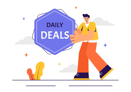 Daily Deals Vector Illustration Showcasing Various Shopping Items with Increasing Discounts to Ideal for Promotions, Sales, and E-Commerce Backgroundのイラスト素材