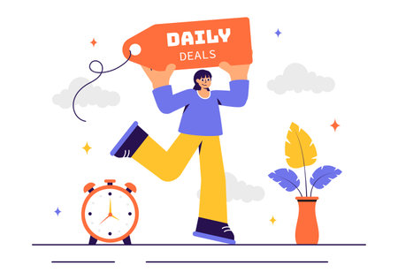 Daily Deals Vector Illustration Showcasing Various Shopping Items with Increasing Discounts to Ideal for Promotions, Sales, and E-Commerce Backgroundのイラスト素材