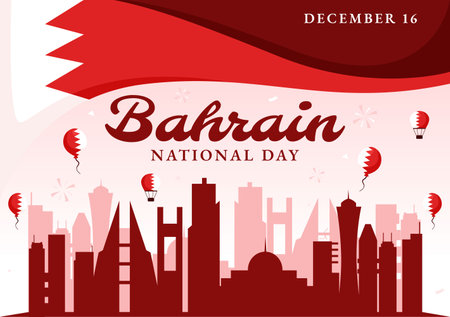 Happy Bahrain National Day Vector Illustration on December 16th, Featuring a Waving Flag in a Patriotic Holiday, in a Flat Style Cartoon Backgroundのイラスト素材