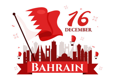 Happy Bahrain National Day Vector Illustration on December 16th, Featuring a Waving Flag in a Patriotic Holiday, in a Flat Style Cartoon Backgroundのイラスト素材