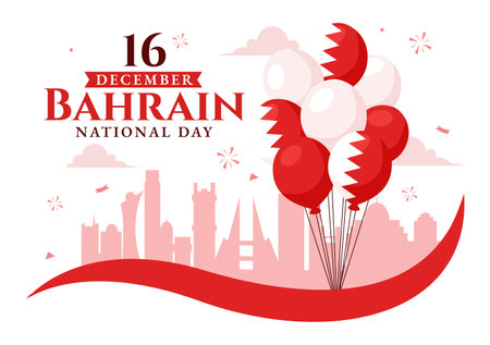 Happy Bahrain National Day Vector Illustration on December 16th, Featuring a Waving Flag in a Patriotic Holiday, in a Flat Style Cartoon Backgroundのイラスト素材