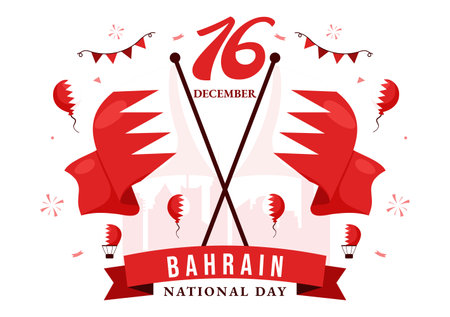 Happy Bahrain National Day Vector Illustration on December 16th, Featuring a Waving Flag in a Patriotic Holiday, in a Flat Style Cartoon Backgroundのイラスト素材