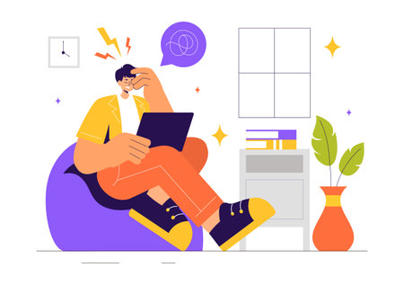 Migraine Vector Illustration of People Suffering from Headaches, Stress, Multitasking, and Migraines in a Healthcare Flat Style Cartoon Backgroundのイラスト素材