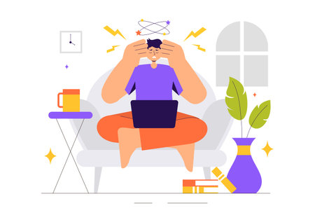 Migraine Vector Illustration of People Suffering from Headaches, Stress, Multitasking, and Migraines in a Healthcare Flat Style Cartoon Backgroundのイラスト素材
