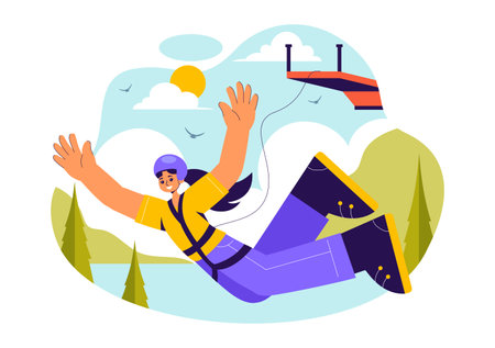 Bungee Jumping Vector Illustration featuring a Person Falling from a Great Height with an Elastic Rope in an Extreme Sport Flat Cartoon Backgroundのイラスト素材
