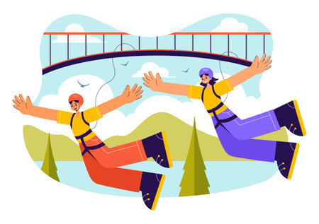 Bungee Jumping Vector Illustration featuring a Person Falling from a Great Height with an Elastic Rope in an Extreme Sport Flat Cartoon Backgroundのイラスト素材