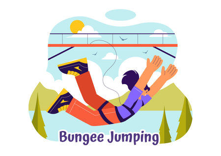 Bungee Jumping Vector Illustration featuring a Person Falling from a Great Height with an Elastic Rope in an Extreme Sport Flat Cartoon Backgroundのイラスト素材
