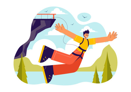 Bungee Jumping Vector Illustration featuring a Person Falling from a Great Height with an Elastic Rope in an Extreme Sport Flat Cartoon Backgroundのイラスト素材
